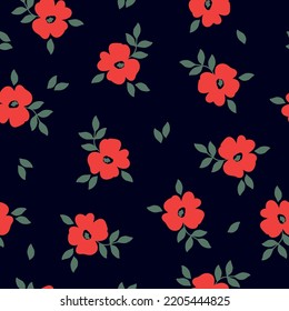 Vintage floral background. Floral pattern with red flowers and green leaves on a black background. Seamless pattern for design and fashion prints.Stock vector illustration.