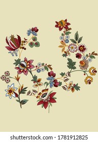 
Vintage floral background pattern. Rose, poppy, wild flowers with nightingales and leaf. Abstract, hand drawn, vector