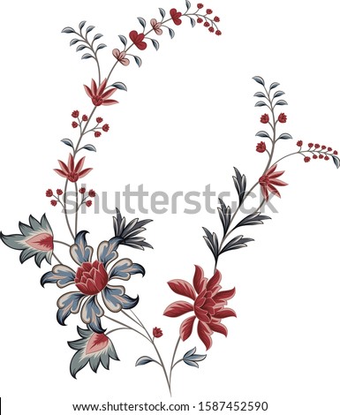 Vintage floral background pattern. Rose, poppy, wild flowers with nightingales and leaf. Abstract, hand drawn, vector