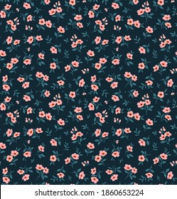 Vintage floral background. Floral pattern with small pink flowers on a dark blue background. Seamless pattern for design and fashion prints. Ditsy style. Stock vector illustration.