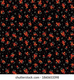 Vintage floral background. Floral pattern with small orange flowers on a black background. Seamless pattern for design and fashion prints. Ditsy style. Stock vector illustration.