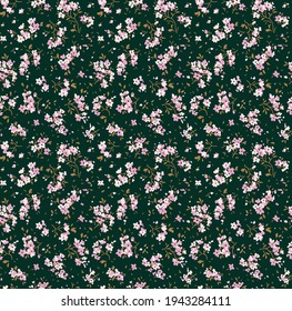 Vintage floral background. Floral pattern with small mauve and white flowers on a dark green background. Seamless pattern for design and fashion prints. Ditsy style. Stock vector illustration.