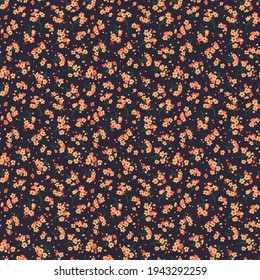 Vintage floral background. Floral pattern with small yellow and orange  flowers on a dark violet  background. Seamless pattern for design and fashion prints. Ditsy style. Stock vector illustration.