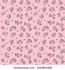 Vintage floral background. Floral pattern with small white flowers on pink background. Seamless pattern for design and fashion prints. Ditsy style. Stock vector illustration.