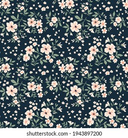 Vintage floral background. Floral pattern with small white flowers on a dark blue background. Seamless pattern for design and fashion prints. Ditsy style. Stock vector illustration.