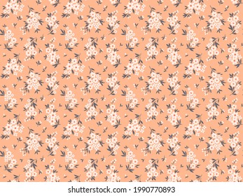 Fondo floral vintage. Patrón floral con flores blancas pequeñas sobre un fondo de coral rosa. Patrón sin inconvenientes para el diseño y las impresiones de moda. Estilo marrón. Ilustración vectorial de material.
