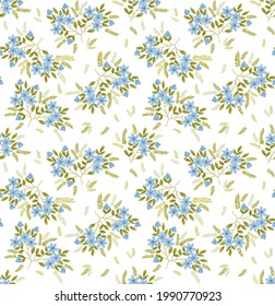 Vintage, floraler Hintergrund. Blumenmuster mit kleinen, hellblauen Blumen auf weißem Hintergrund. Nahtlose Muster für Design- und Modedrucke. Ditsy-Stil. Stock-Vektorgrafik.