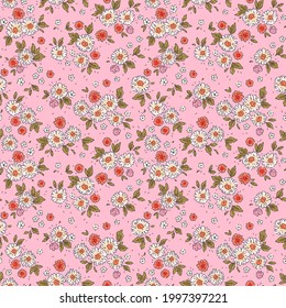 Vintage floral background. Floral pattern with small daisy white and orange flowers on a pink background. Seamless pattern for design and fashion prints. Ditsy style. Stock vector illustration.
