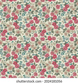Vintage floral background. Floral pattern with small pastel color flowers on a light gray-green background. Seamless pattern for design and fashion prints. Ditsy style. Stock vector illustration.