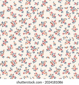 Vintage floral background. Floral pattern with small coral pink flowers on a white background. Seamless pattern for design and fashion prints. Ditsy style. Stock vector illustration.