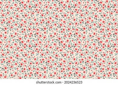 Vintage floral background. Floral pattern with small pink and red flowers on a ivory background. Seamless pattern for design and fashion prints. Ditsy style. Stock vector illustration.