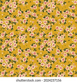 Vintage floral background. Floral pattern with small white and red  flowers on a yellow mustard background. Seamless pattern for design and fashion prints. Ditsy style. Stock vector illustration.