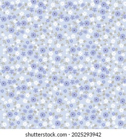Vintage floral background. Floral pattern with small white and lilac  flowers on a light blue background. Seamless pattern for design and fashion prints. Ditsy style. Stock vector illustration.