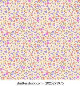 Vintage floral background. Floral pattern with small colorful flowers on a dark blue background. Seamless pattern for design and fashion prints. Ditsy style. Stock vector illustration.