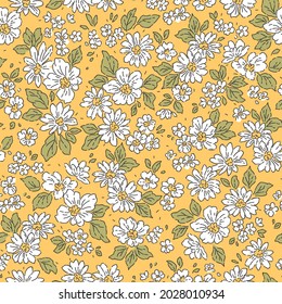 Vintage floral background. Floral pattern with small white flowers on a yellow mustard background. Seamless pattern for design and fashion prints. Ditsy style. Stock vector illustration.