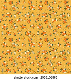 Vintage floral background. Floral pattern with small white and orange flowers on a bright yellow background. Seamless pattern for design and fashion prints. Ditsy style. Stock vector illustration.