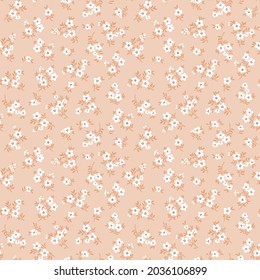 Vintage floral background. Floral pattern with small white flowers on a beige background. Seamless pattern for design and fashion prints. Ditsy style. Stock vector illustration.