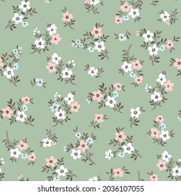 Vintage floral background. Floral pattern with small white and pink  flowers on a light green gray background. Seamless pattern for design and fashion prints. Ditsy style. Stock vector illustration.