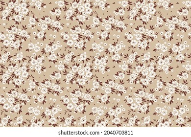 Vintage floral background. Floral pattern with small white flowers on a light beige background. Seamless pattern for design and fashion prints. Ditsy style. Stock vector illustration.