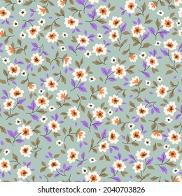 Vintage floral background. Floral pattern with small pastel color flowers on a light gray-green background. Seamless pattern for design and fashion prints. Ditsy style. Stock vector illustration.