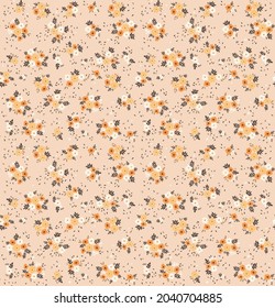 Vintage floral background. Floral pattern with small yellow and orange flowers on a light beige  background. Seamless pattern for design and fashion prints. Ditsy style. Stock vector illustration.