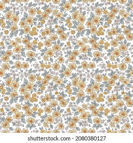 Vintage floral background. Floral pattern with small yellow flowers on a white background. Seamless pattern for design and fashion prints. Ditsy style. Stock vector illustration.