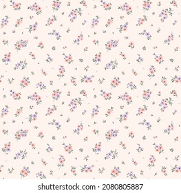 Vintage floral background. Floral pattern with small pastel flowers on a ivory background. Seamless pattern for design and fashion prints. Ditsy style. Stock vector illustration.
