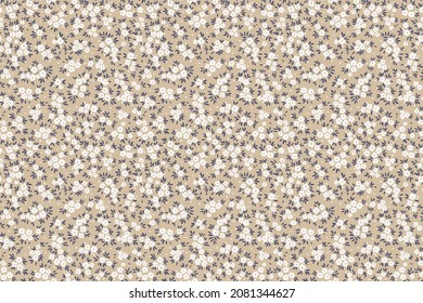  Fondo floral vintage. Patrón floral con flores blancas pequeñas sobre un fondo gris beige claro. Patrón sin inconvenientes para el diseño y las impresiones de moda. Estilo marrón. Ilustración vectorial de material.