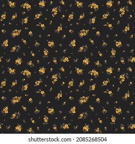 Vintage, floraler Hintergrund. Blumenmuster mit kleinen gelben Blumen auf schwarz-grauem Hintergrund. Nahtlose Muster für Design- und Modedrucke. Ditsy-Stil. Stock-Vektorgrafik.