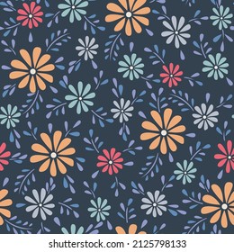 Vintage floral background. Floral pattern with small yellow, green and red flowers on black background. Seamless pattern for design and fashion prints. Ditsy style.