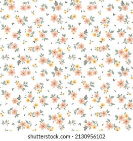 Vintage floral background. Floral pattern with small pastel coral flowers on a white background. Seamless pattern for design and fashion prints. Ditsy style. Stock vector illustration.