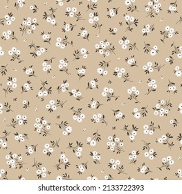 Fondo floral vintage. Patrón floral con flores blancas pequeñas sobre un fondo beige marrón claro. Patrón sin inconvenientes para el diseño y las impresiones de moda. Estilo marrón. Ilustración vectorial de material.