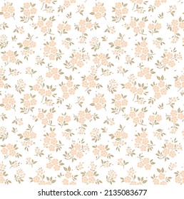 Fondo floral vintage. Patrón floral con flores pálidas pequeñas sobre un fondo blanco. Patrón sin inconvenientes para el diseño y las impresiones de moda. Estilo marrón. Ilustración vectorial de material.