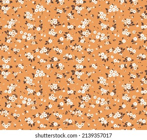Vintage floral background. Floral pattern with small white flowers on a beige background. Seamless pattern for design and fashion prints. Ditsy style. Stock vector illustration.