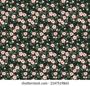 Fondo floral vintage. Patrón floral con flores blancas pequeñas sobre un fondo negro. Patrón sin inconvenientes para el diseño y las impresiones de moda. Estilo marrón. Ilustración vectorial de material.