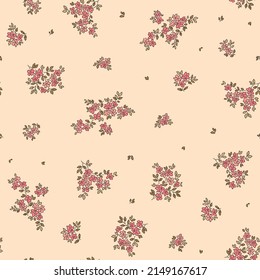Vintage floral background. Floral pattern with small pink flowers on a light pink rose background. Seamless pattern for design and fashion prints. Ditsy style. Stock vector illustration.
