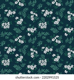 Vintage floral background. Floral pattern with small white flowers on a dark blue background. Seamless pattern for design and fashion prints. Ditsy style. Stock vector illustration.
