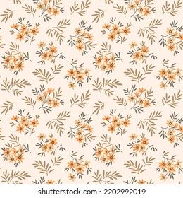 Fondo floral vintage. Patrón floral con flores amarillas pequeñas sobre un fondo blanco marfil. Patrón sin inconvenientes para el diseño y las impresiones de moda. Estilo marrón. Ilustración vectorial de material.
