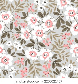 Vintage floral background. Floral pattern with small white and pink flowers on a light gray  background. Seamless pattern for design and fashion prints. Ditsy style. Stock vector illustration.