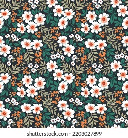 Vintage floral background. Floral pattern with small colorful flowers on a dark blue background. Seamless pattern for design and fashion prints. Ditsy style. Stock vector illustration.