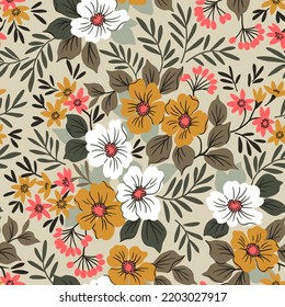 Vintage floral background. Floral pattern with small white and yellow flowers on a gray background. Seamless pattern for design and fashion prints. Ditsy style. Stock vector illustration.