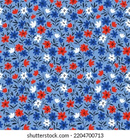 Fondo floral vintage. Patrón floral con flores rojas, azules y blancas en un fondo azul claro. Patrón sin inconvenientes para el diseño y las impresiones de moda. Estilo marrón. Vector de material.