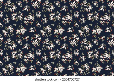 Vintage floral background. Floral pattern with small white flowers on a dark blue background. Seamless pattern for design and fashion prints. Ditsy style. Stock vector illustration.