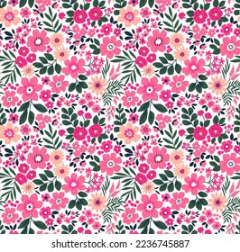 Vintage floral background. Floral pattern with small pink flowers on a white background. Seamless pattern for design and fashion prints. Ditsy style. Stock vector illustration.