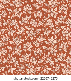 Vintage floral background. Floral pattern with small  flowers on a  terracotta background. Seamless pattern for design and fashion prints. Ditsy style. Stock vector illustration.