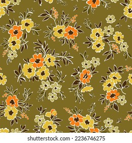 Vintage floral background. Floral pattern with small yellow and orange flowers on a gold green background. Seamless pattern for design and fashion prints. Ditsy style. Stock vector illustration.