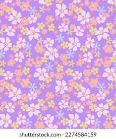 Vintage floral background. Floral pattern with small pastel color flowers on a terracotta background. Seamless pattern for design and fashion prints. Ditsy style. Stock illustration.