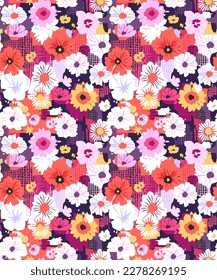 Vintage floral background. Floral pattern with small colorful flowers on a dark violet background. Seamless pattern for design and fashion prints. Ditsy style. Stock vector illustration.