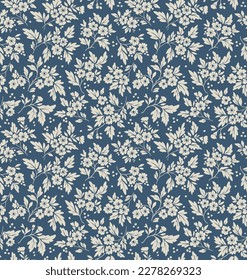 Vintage floral background. Floral pattern with small gray flowers on a blue background. Seamless pattern for design and fashion prints. Ditsy style. Stock vector illustration.