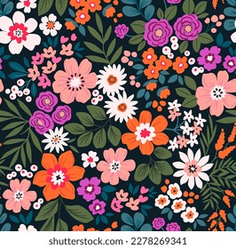 Vintage floral background. Floral pattern with small colorful flowers on a dark blue background. Seamless pattern for design and fashion prints. Ditsy style. Stock vector illustration.